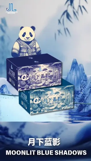 Packaging artwork for 月下蓝影 MOONLIT BLUE SHADOWS: two blue and white cartons with a panda mascot, bamboo and ink-blue mountains.